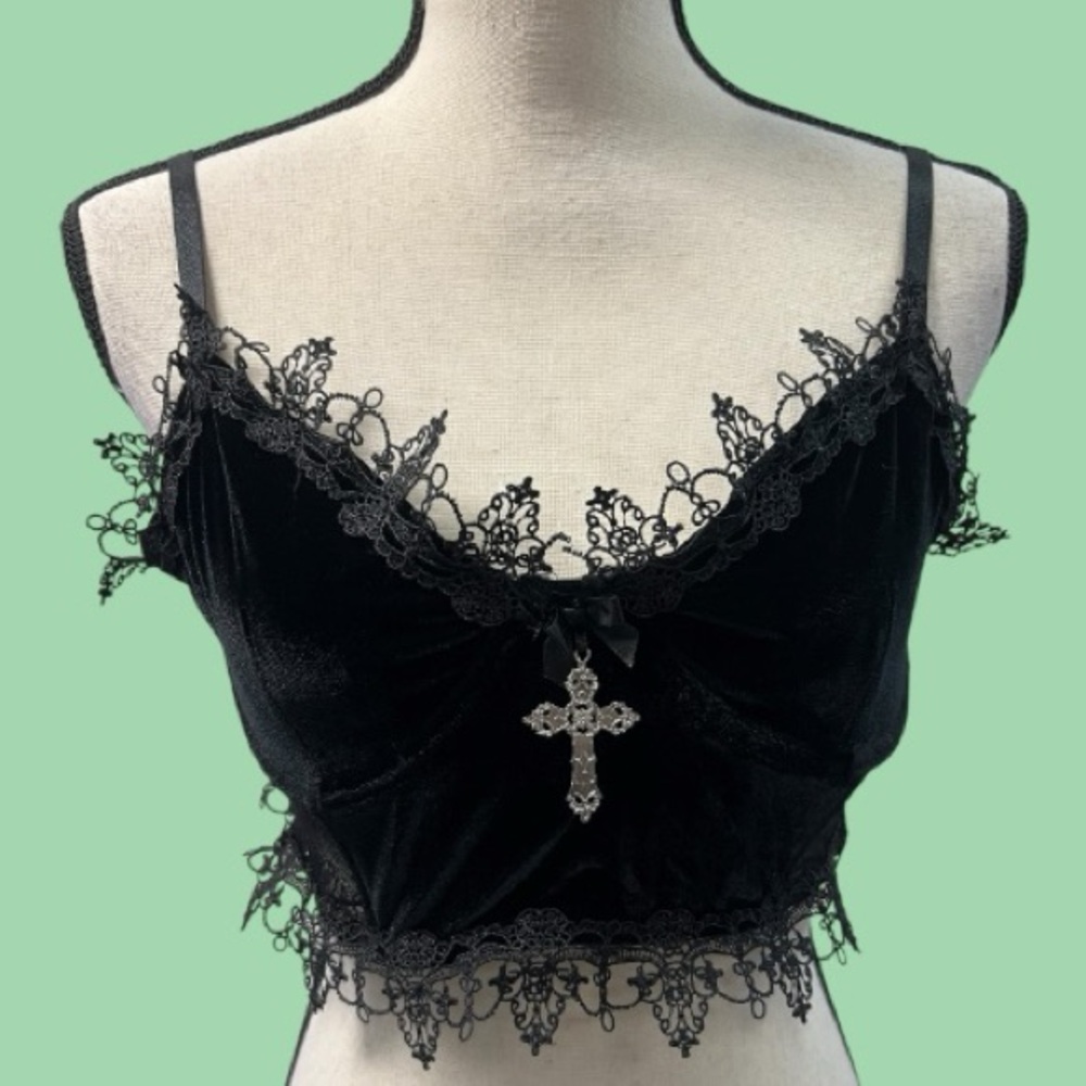 Widow Velvet Bra Top Gothic Lace with Cross Detail Dolls Kill